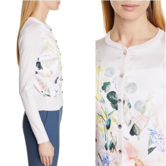 TED BAKER Mixed Media Silky Front Floral Pale Pink Cardigan Sweater Sz 1 (0-2) - Picture 3 of 13